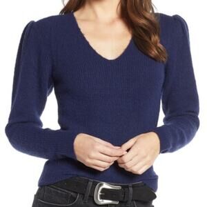 Something Navy Puff Sleeve Sweater Blue V Neck Knit Size S
